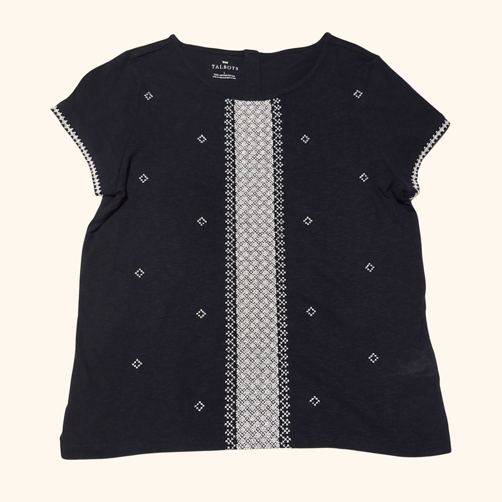 Talbots Navy Blue White Geometric Embroidered Cotton Slub Knit Tee Top Large